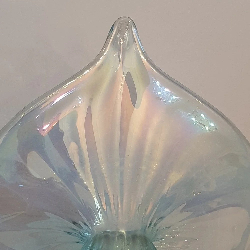 Vintage Jack in the Pulpit Candleholder Iridescent Aqua Glass Hand Blown Signed